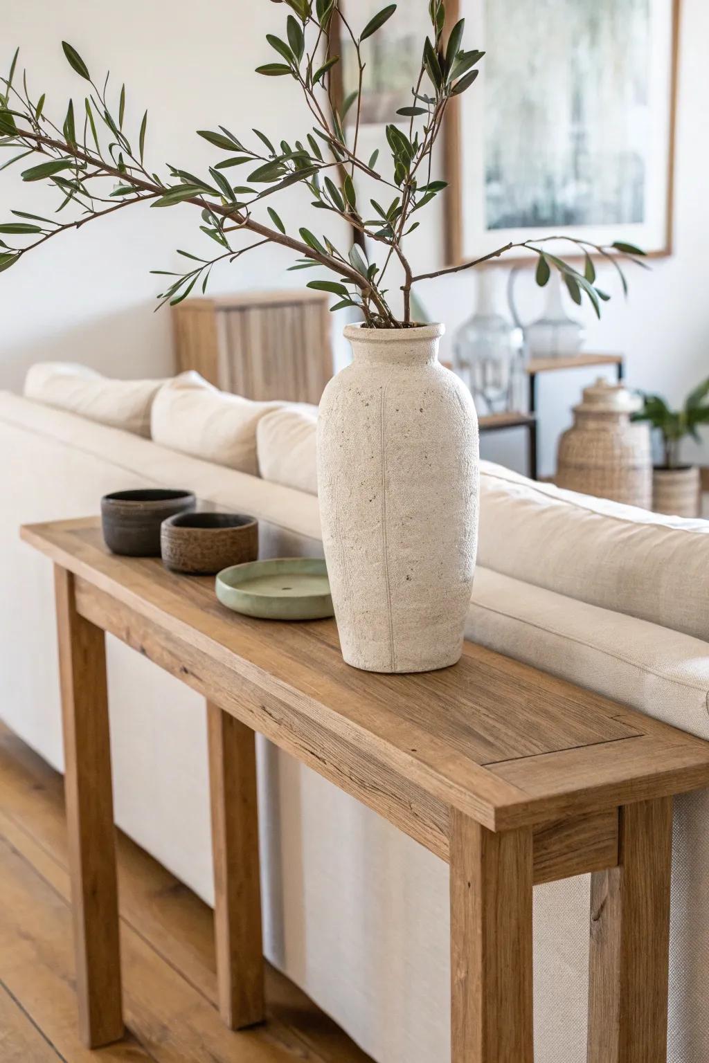 Mini-mantel magic: one seasonal stem in a handmade vase behind the couch refreshes the room.