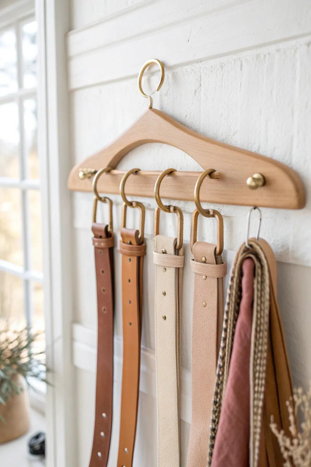 Turn a plain wooden hanger into a chic belt organizer with simple screw-in hooks.