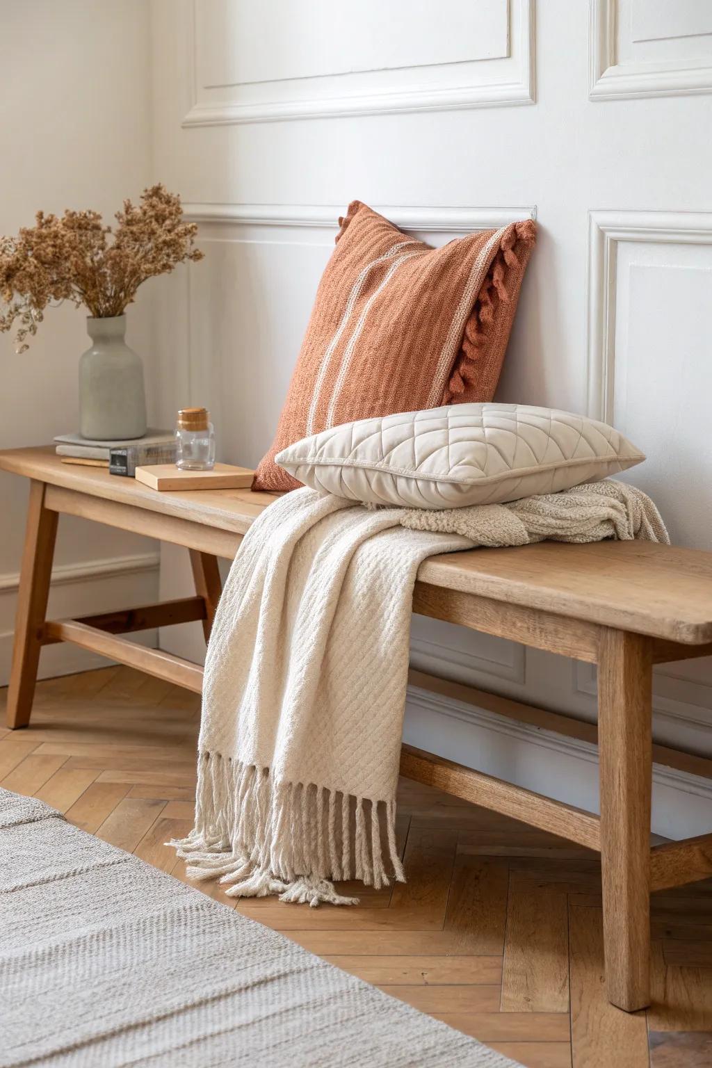 A minimal oak bench made cozy with layered pillows and a textured throw in a tight, calm palette.