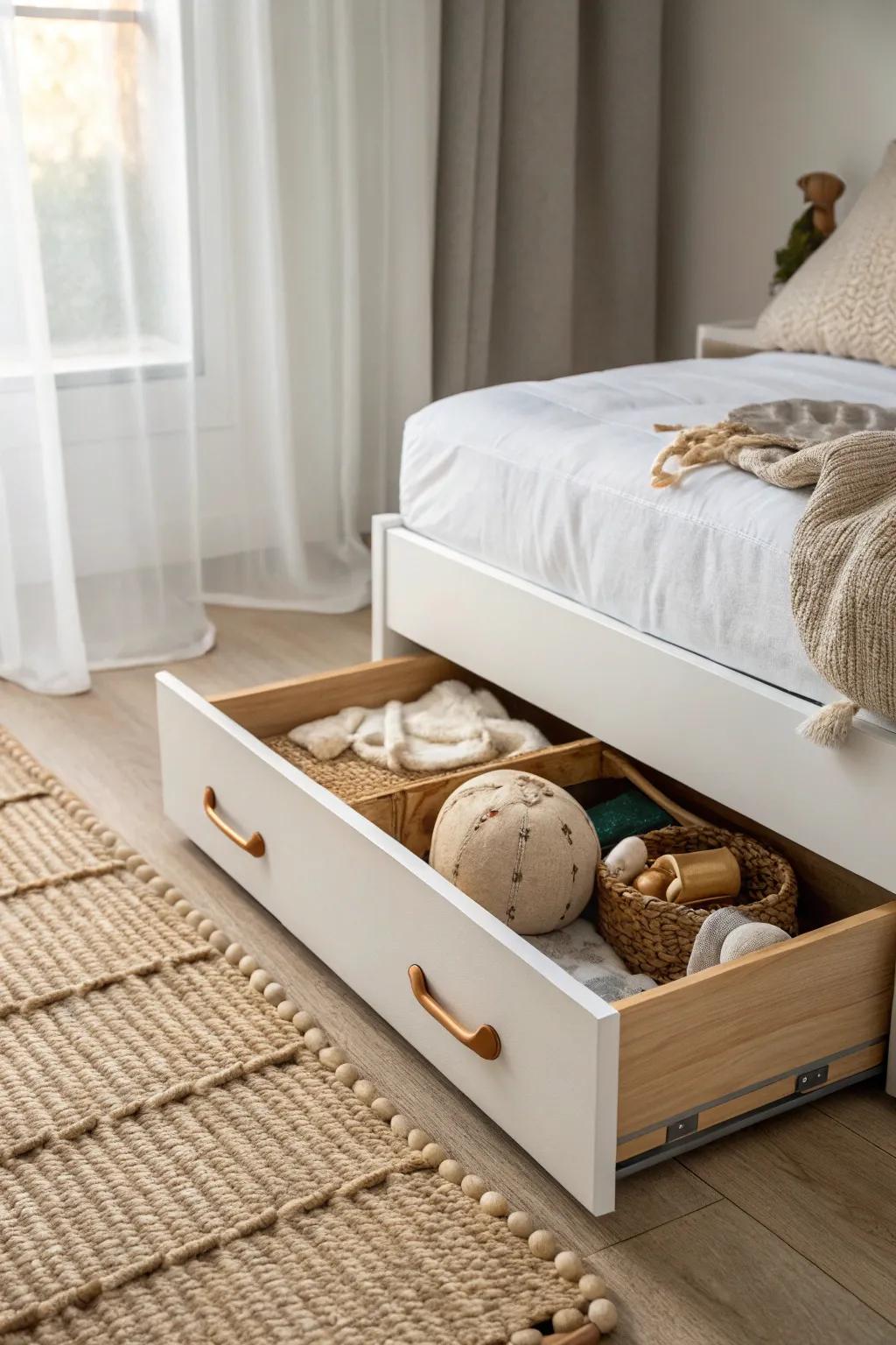 Hide toys in style: sleek under-bed drawers keep small spaces calm and clutter-free.