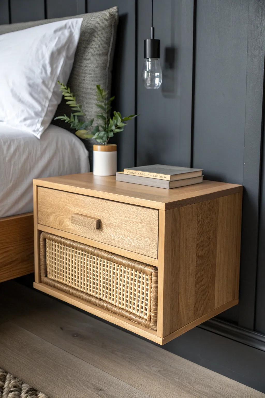 Floating nightstand in matte black room—keeps the floor clear and the space feeling airy.