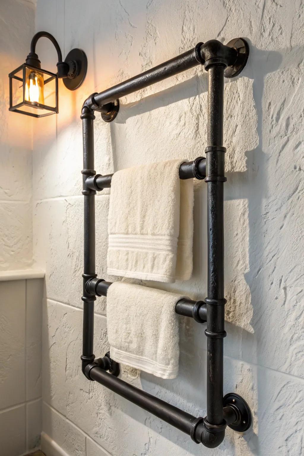 Elevate your bathroom style with a sleek black pipe towel rack.