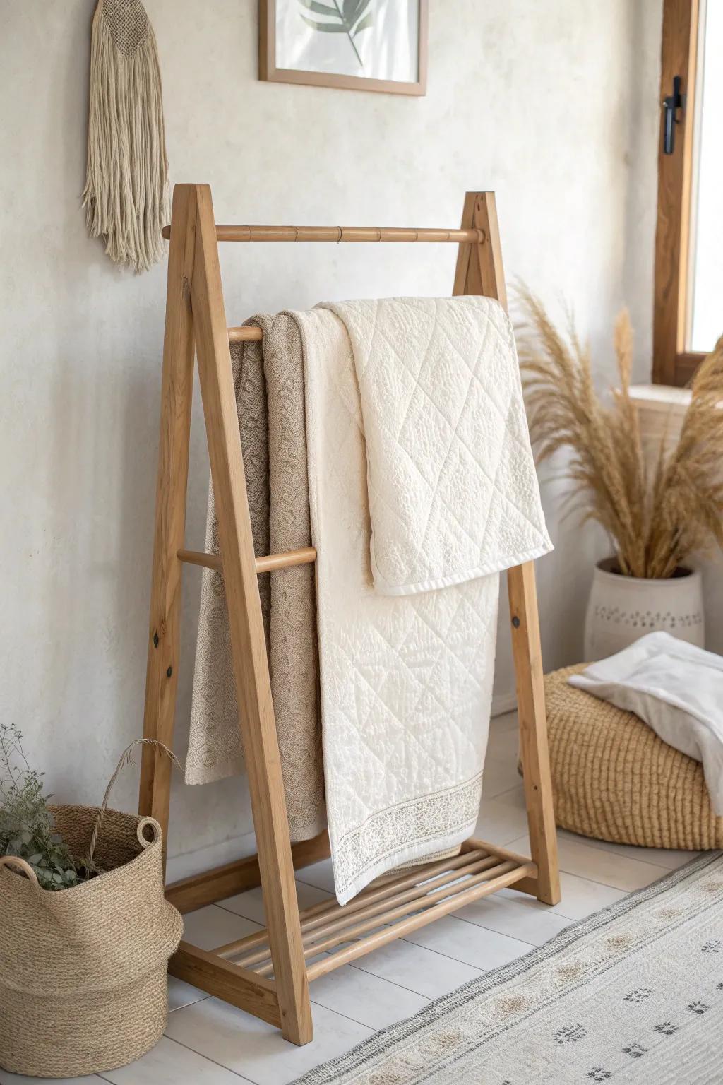 Freestanding quilt rack: a cozy, clutter-free way to layer throws in small spaces.