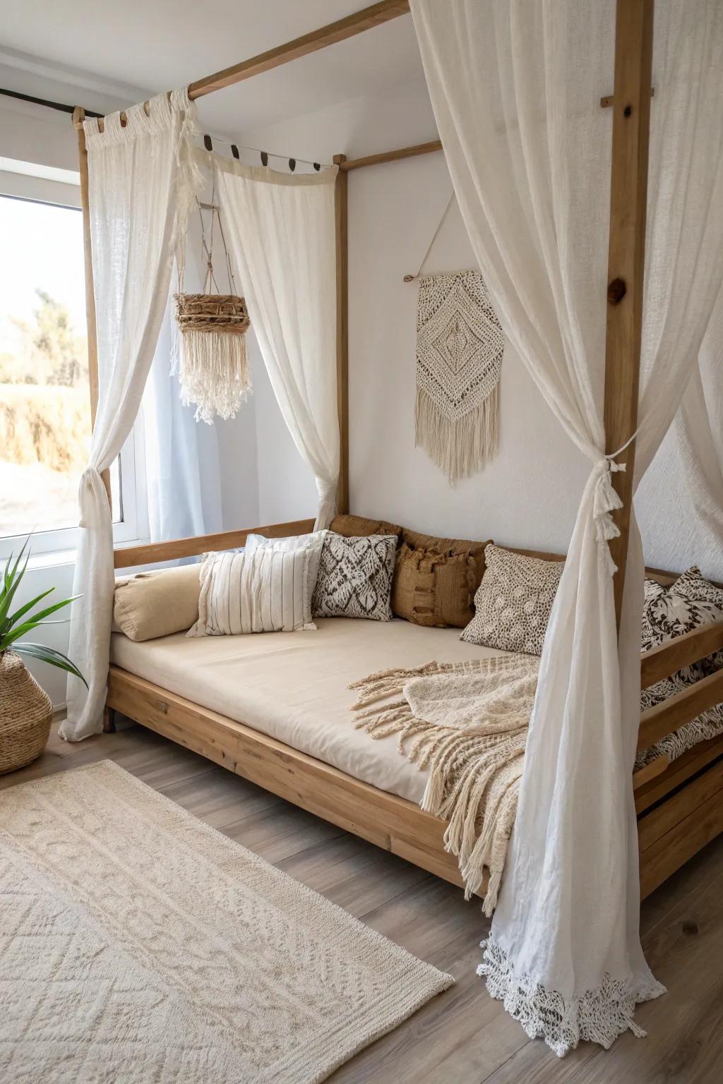 Sheer canopy curtains turn a simple daybed into a dreamy, soft boho retreat.