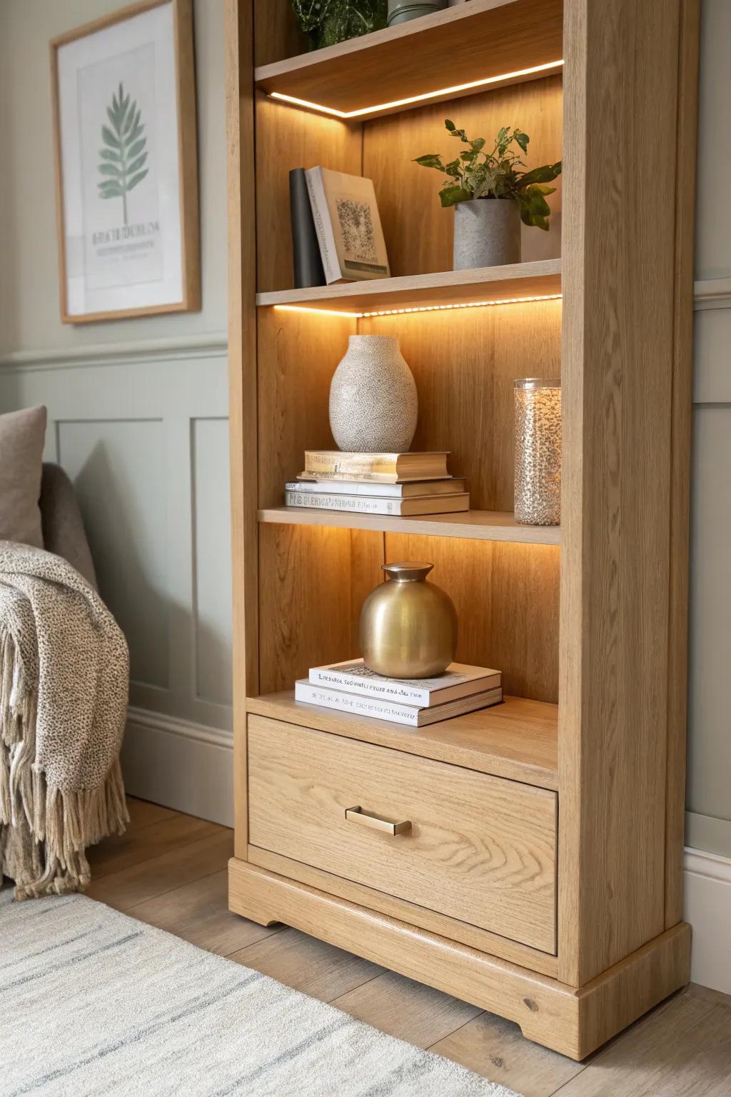 Warm dimmable bookcase lighting for instant mood shifts—cozy glow without the showroom glare.