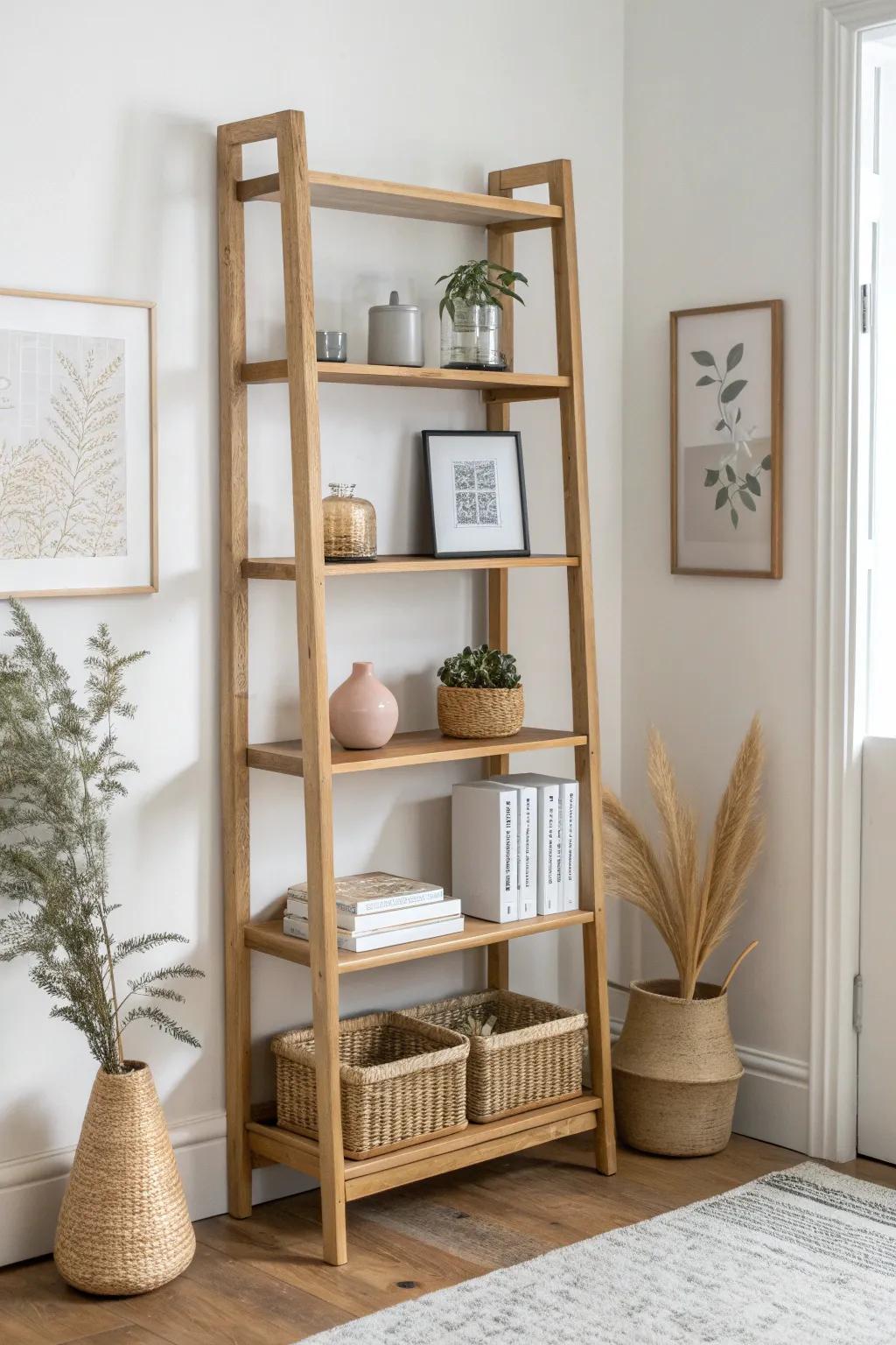 Mini zones per shelf: calm Scandinavian styling with a soft boho touch for a curated bookcase.