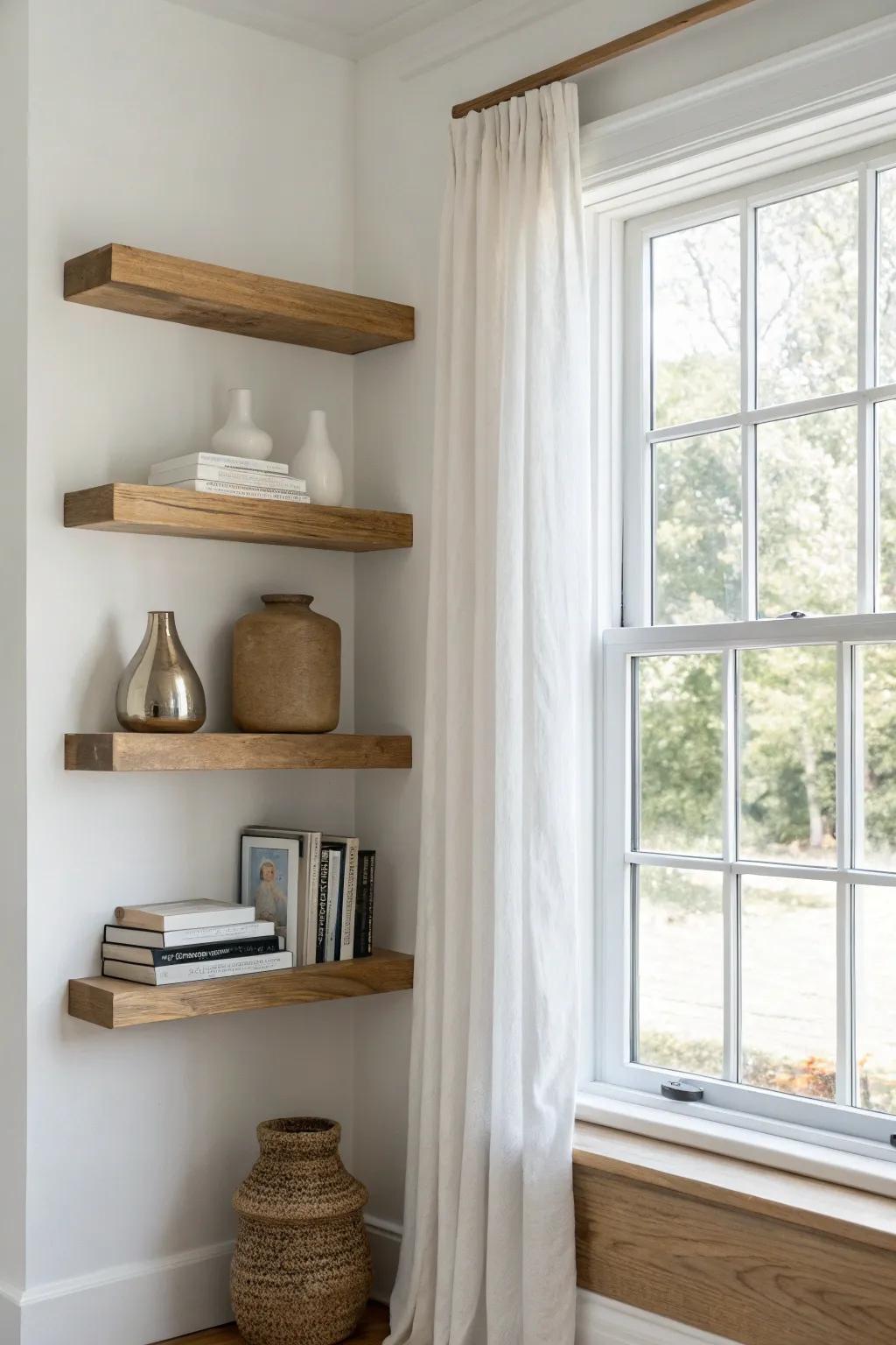 Floating oak shelves around the window trim—renter-friendly, bright, and beautifully minimal.