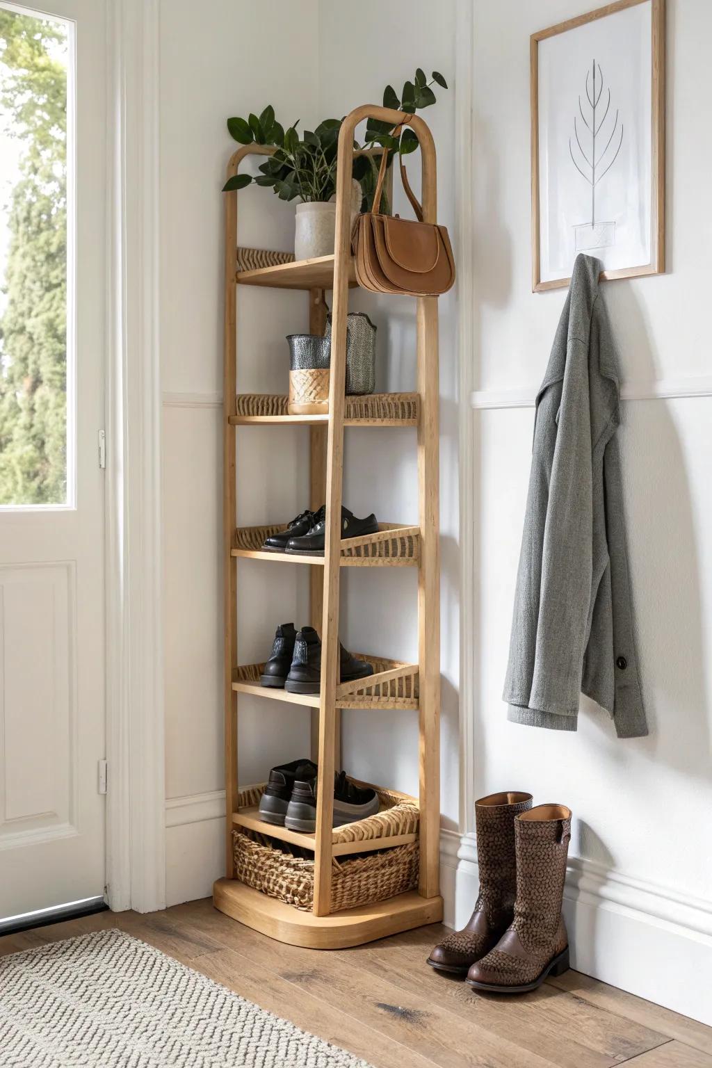A slim corner boot rack turns forgotten dead space into a calm, clutter-free entry.