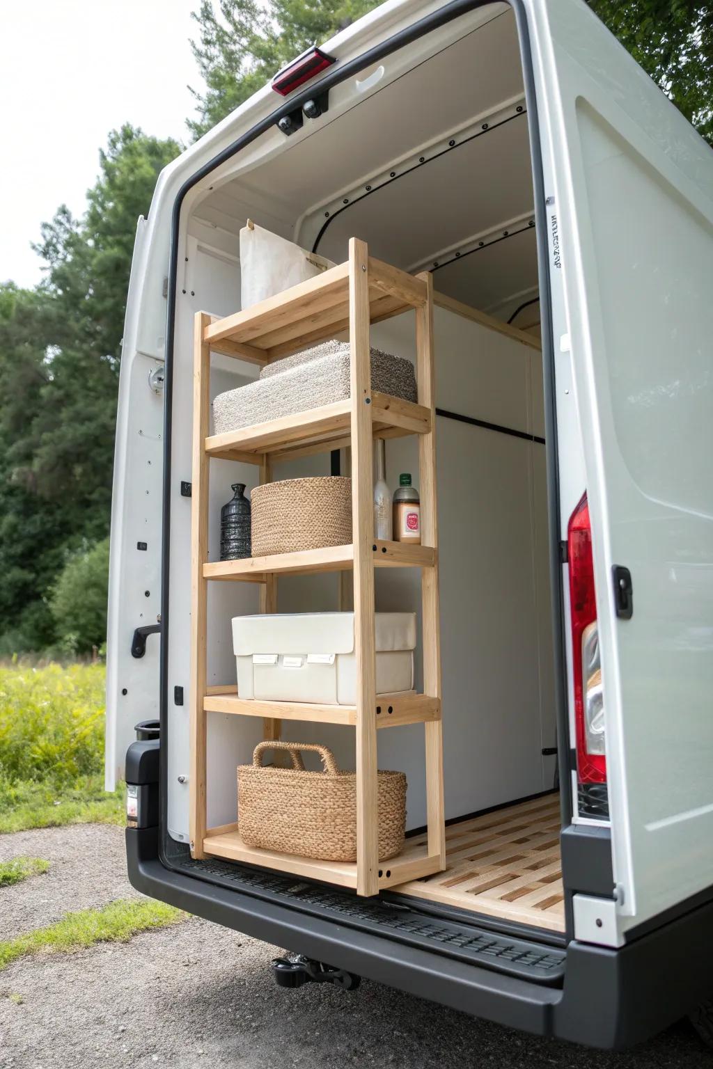 Rear-door shelf tower: a slim, quick-grab essentials station for box trucks with calm, Nordic style.