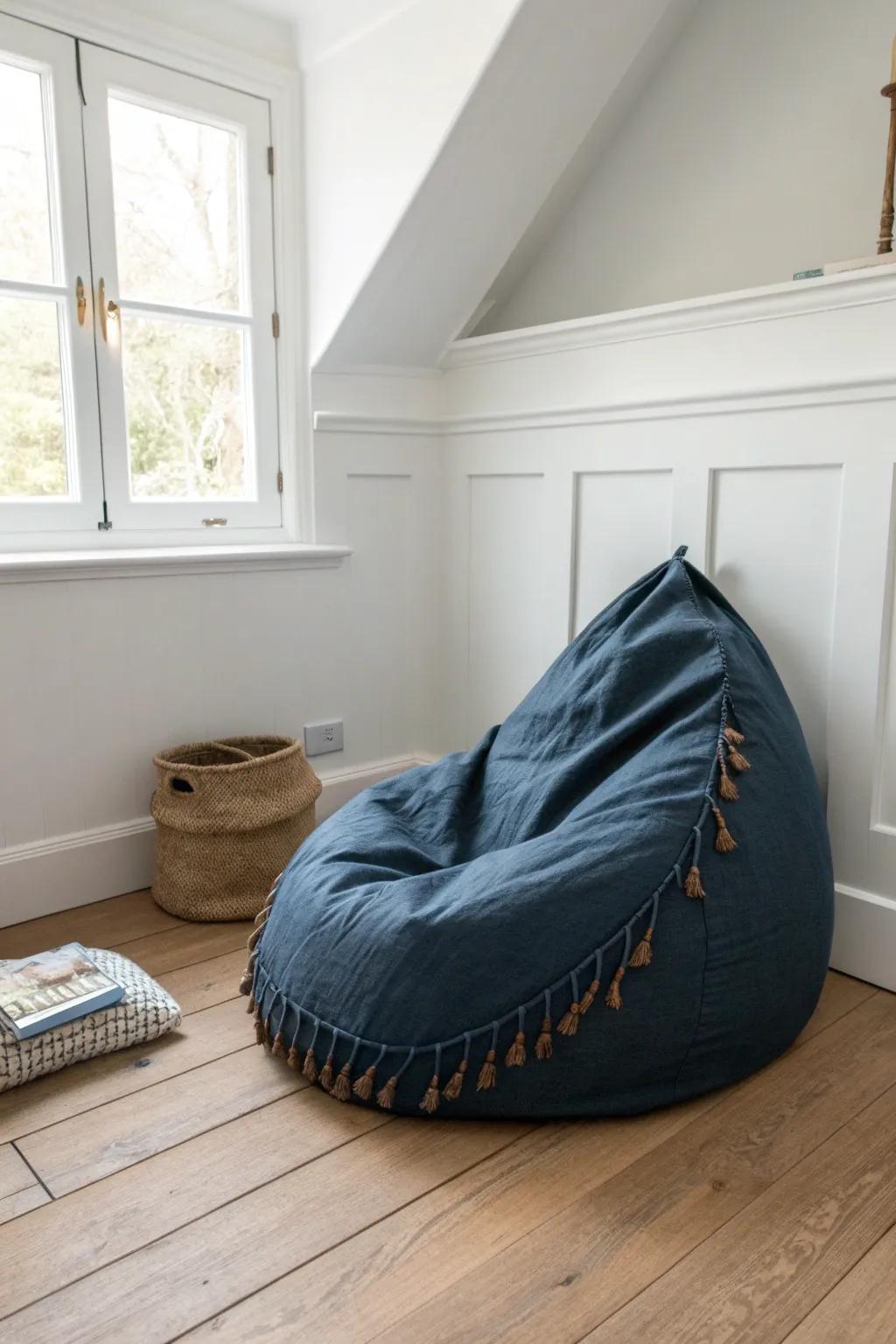 A move-anywhere bean bag corner creates a cozy reading nook without crowding a small boys’ room.