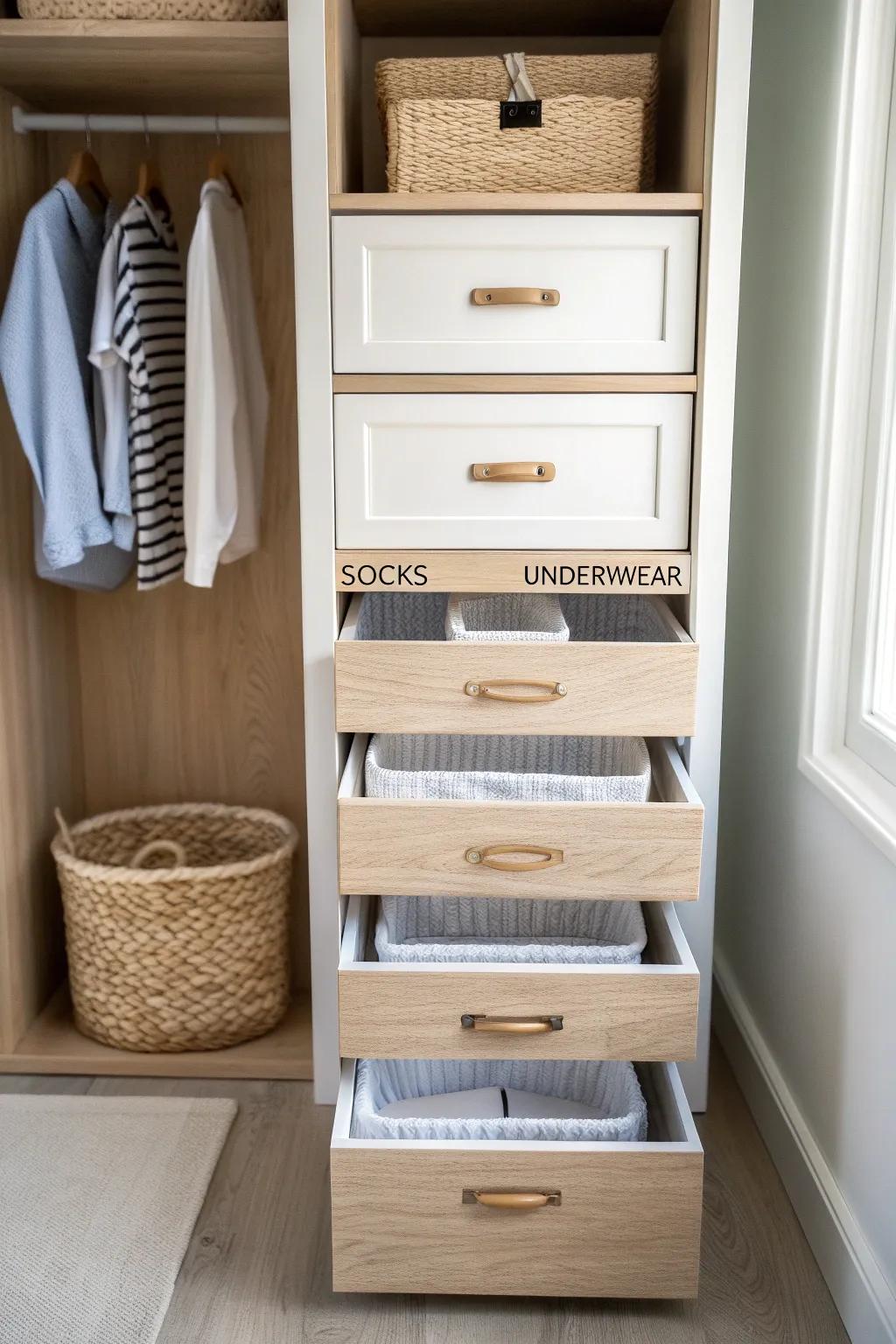 A slim drawer tower inside the closet keeps socks and essentials tidy without taking floor space.