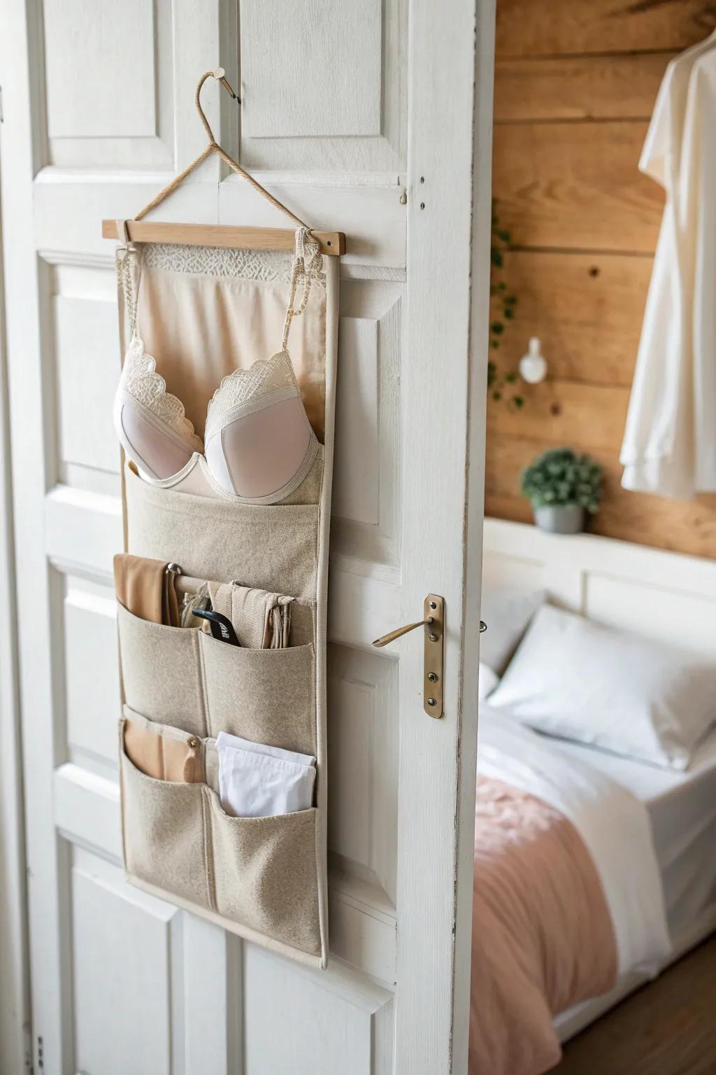 Over-the-door pocket organizer keeps bras visible, tidy, and space-saving in small rooms.