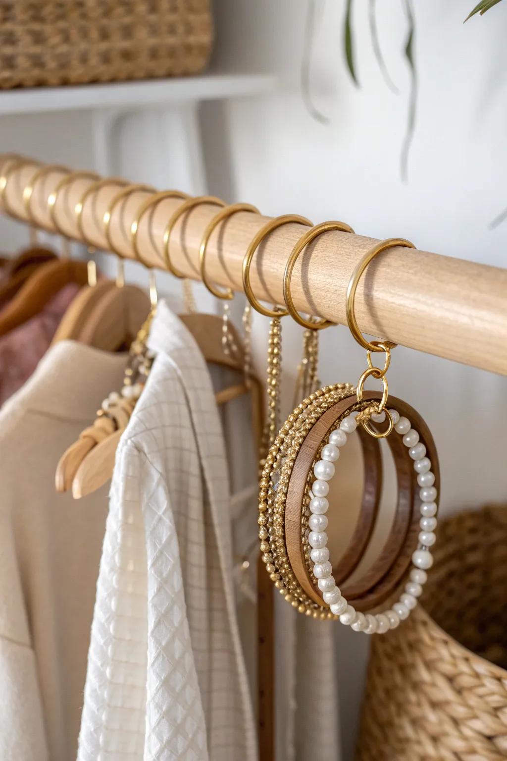 Use S-hooks on a closet rod to hang bracelets neatly—easy to grab and beautifully out of sight.