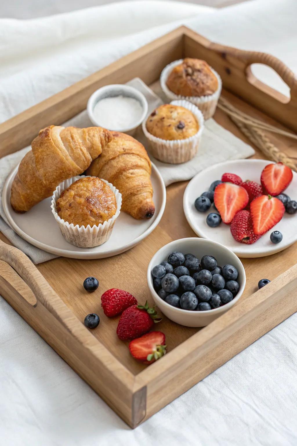Pastry mix-and-match tray: croissants, mini muffins & fruit for a fuller look—fast.