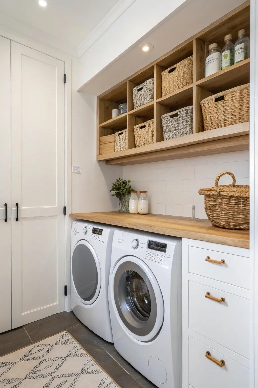 Built-in laundry cabinet with a slim folding counter—calm, clutter-free, and space-smart.