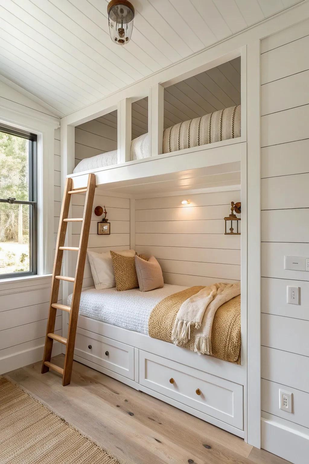 Crisp shiplap lining turns a closet bunk into a bright, intentional built-in moment.