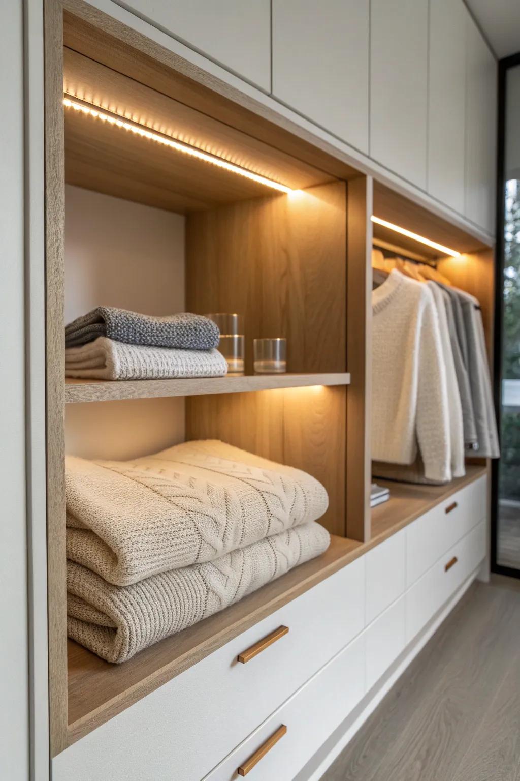 Hidden LED strips make built-in shelves feel boutique-bright—even for everyday basics.