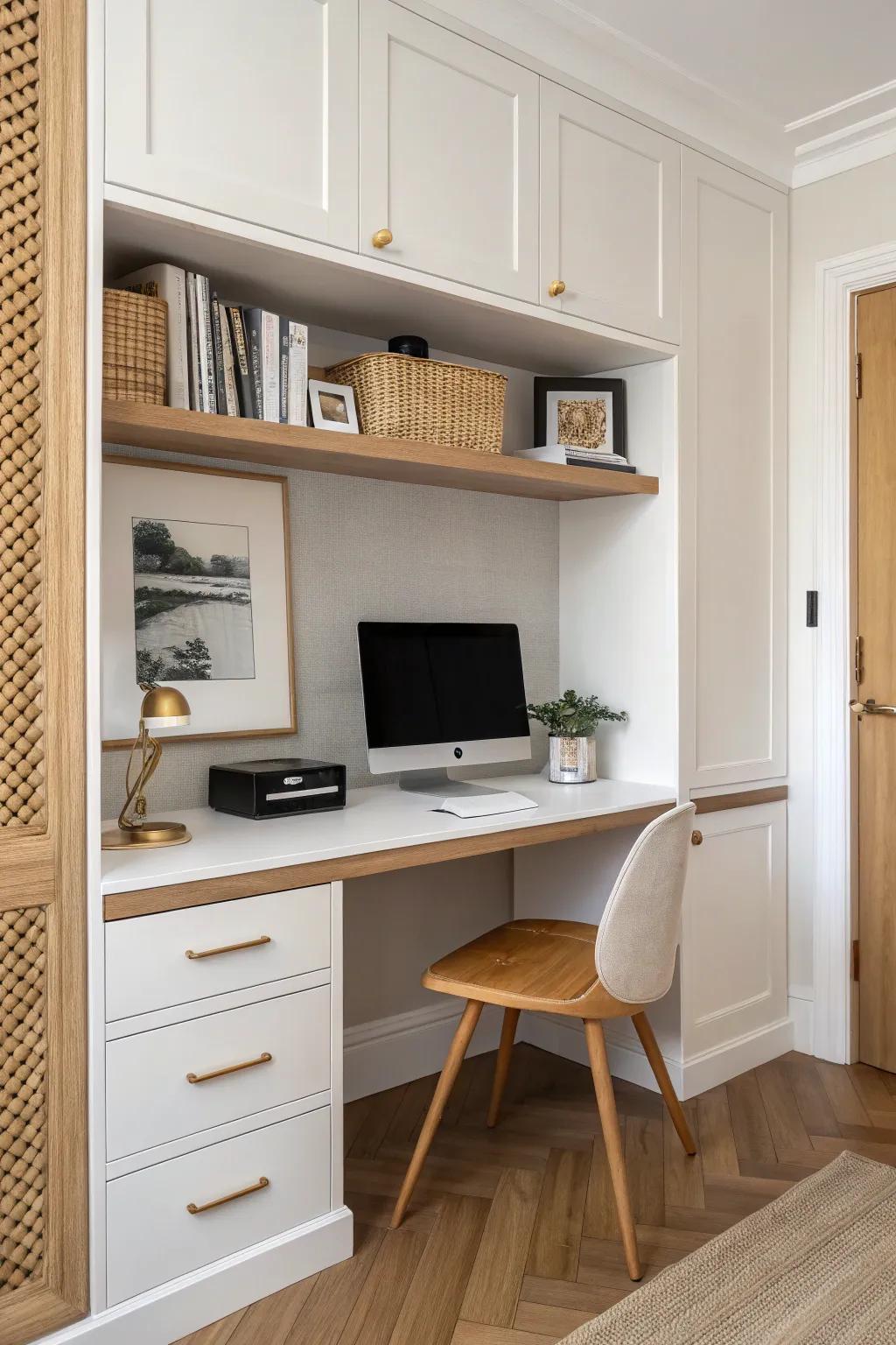 A calm built-in desk with a hidden tech cabinet—no cords, just clean Scandinavian style.