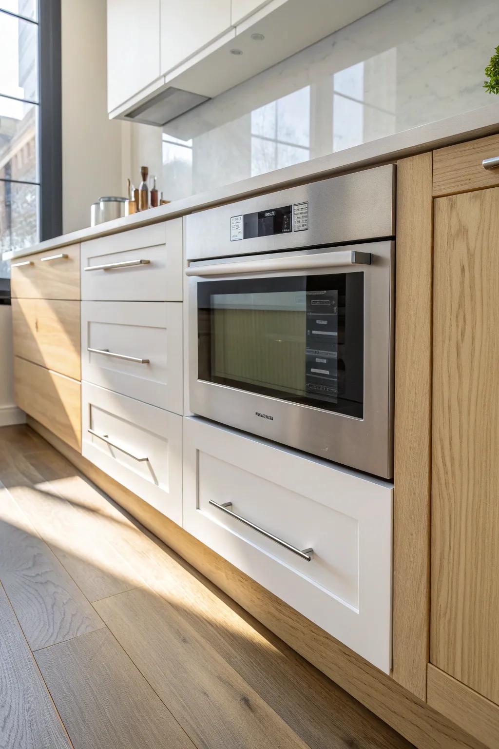Sleek microwave drawer in lower cabinets—modern, space-saving, and easy on the back.