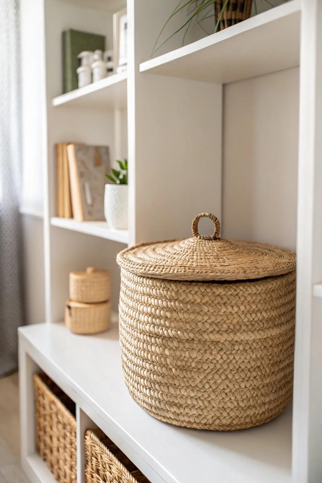 Warm up built-in shelves with a woven basket—beautiful texture plus hidden storage for clutter.