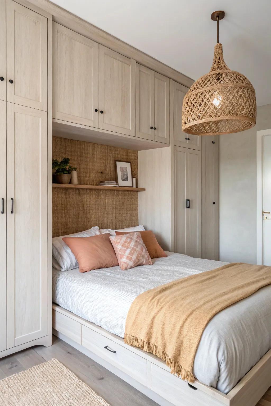 Overbed bridge wardrobes add hidden storage while keeping your headboard niche light and cozy.