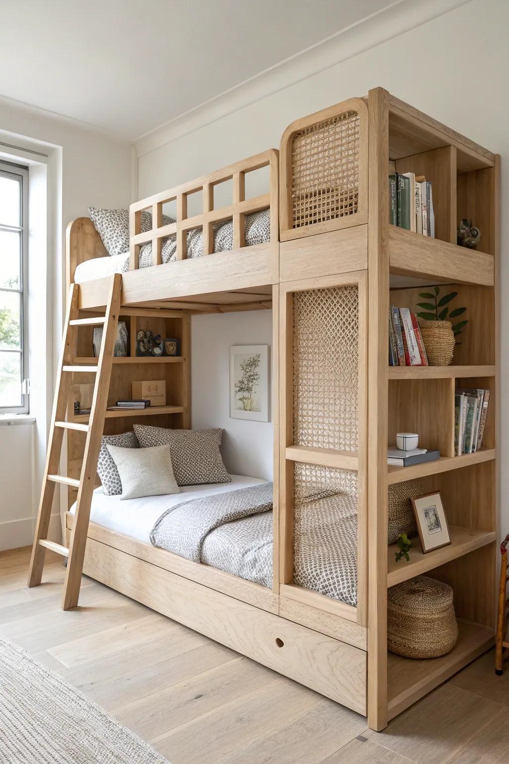 A minimalist birch bunk bed with built-in book niches to keep small spaces tidy.