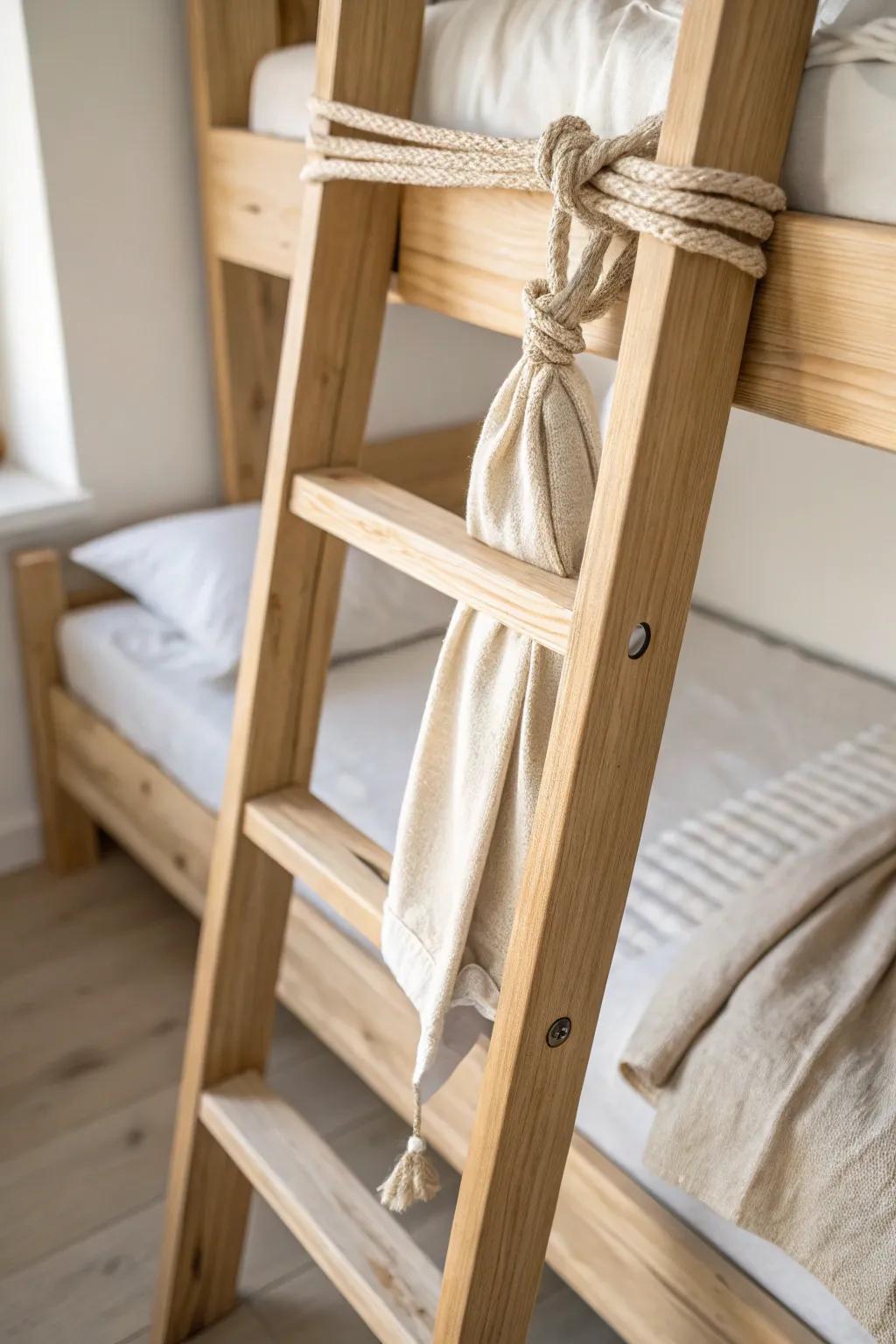Soft linen wraps turn a bunk ladder into a barefoot-friendly climb—simple, removable, cozy.
