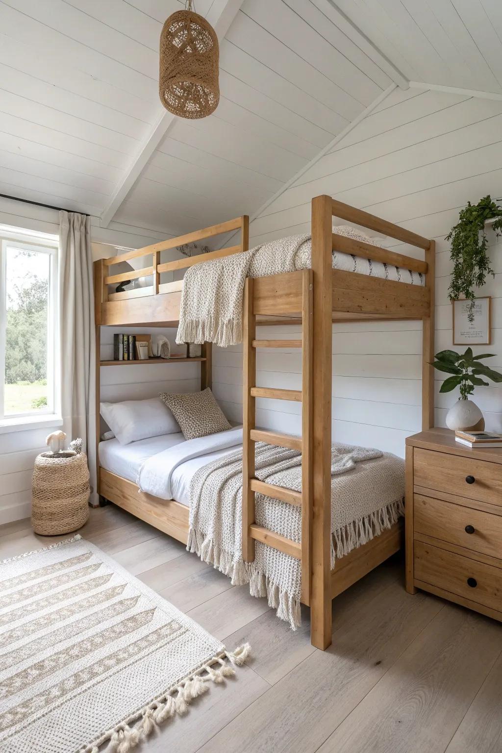 Warm natural wood bunk bed that makes a small room feel cozy, textured, and effortlessly minimal.