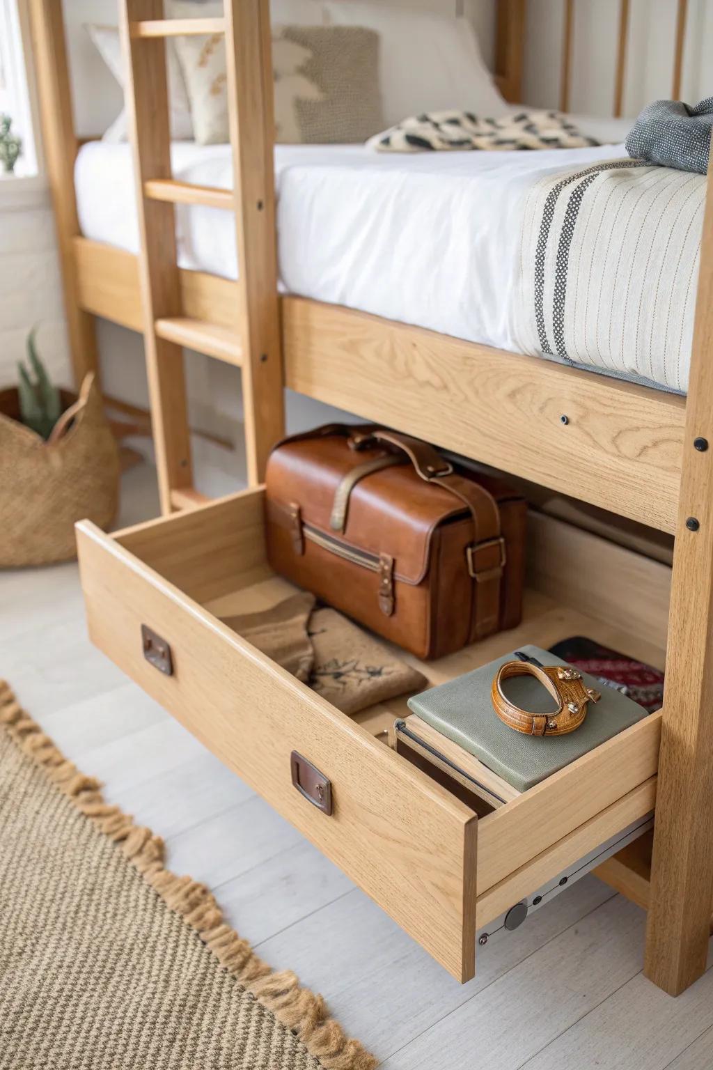 A sleek under-bunk drawer hides a carry-on—one tidy storage spot for every guest.
