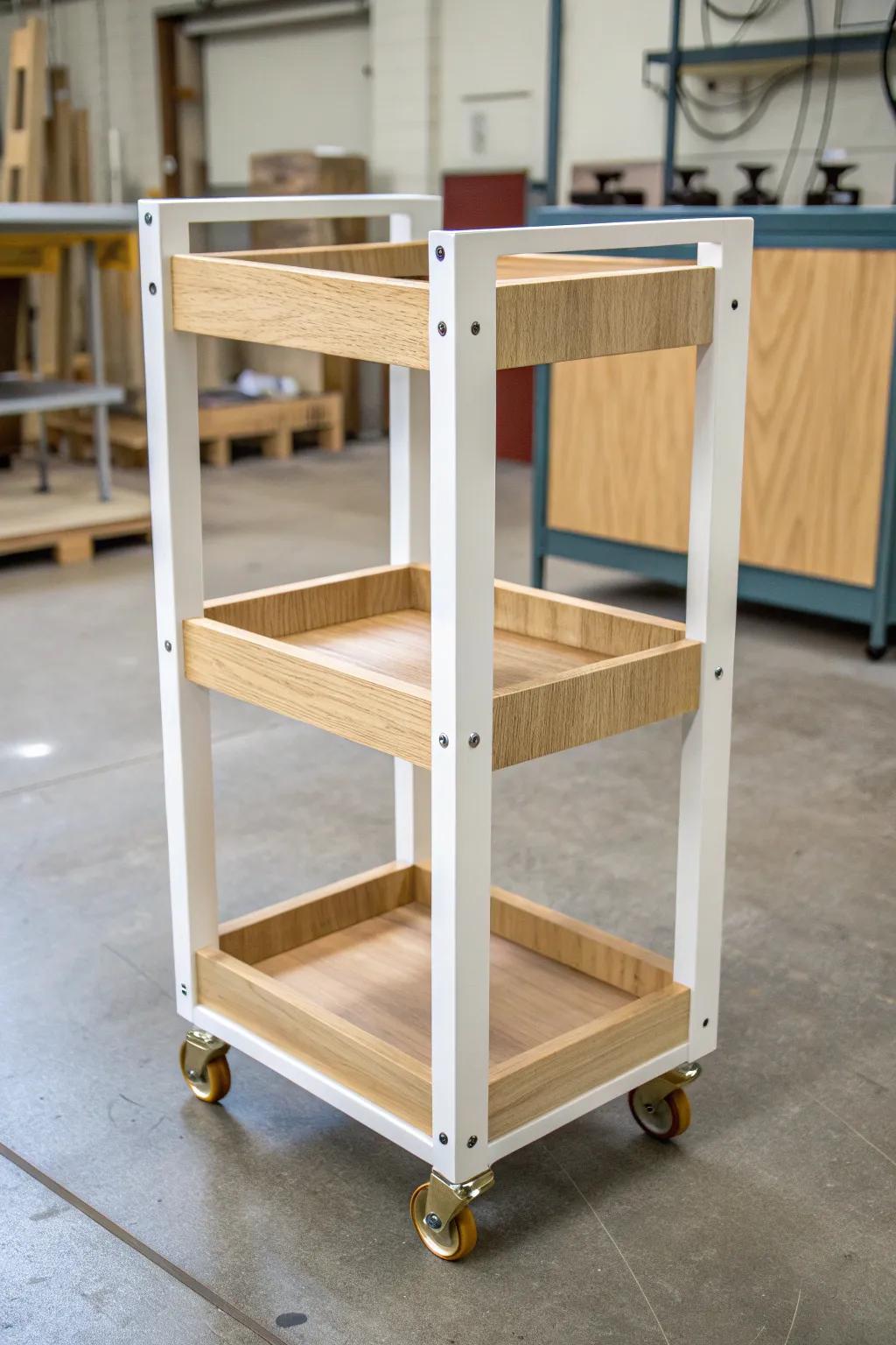 A slim rolling clamp cart with rail storage keeps C-clamps tidy in the tiniest corners.