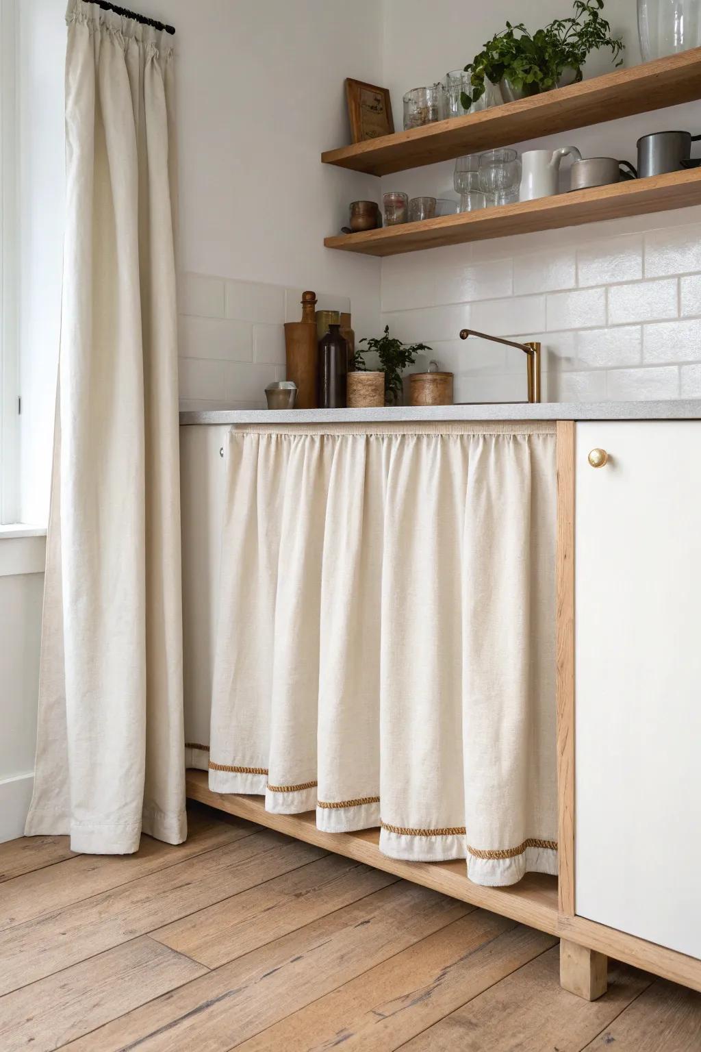 Cafe-style short linen cabinet curtains keep airy kitchens light while hiding everyday clutter.
