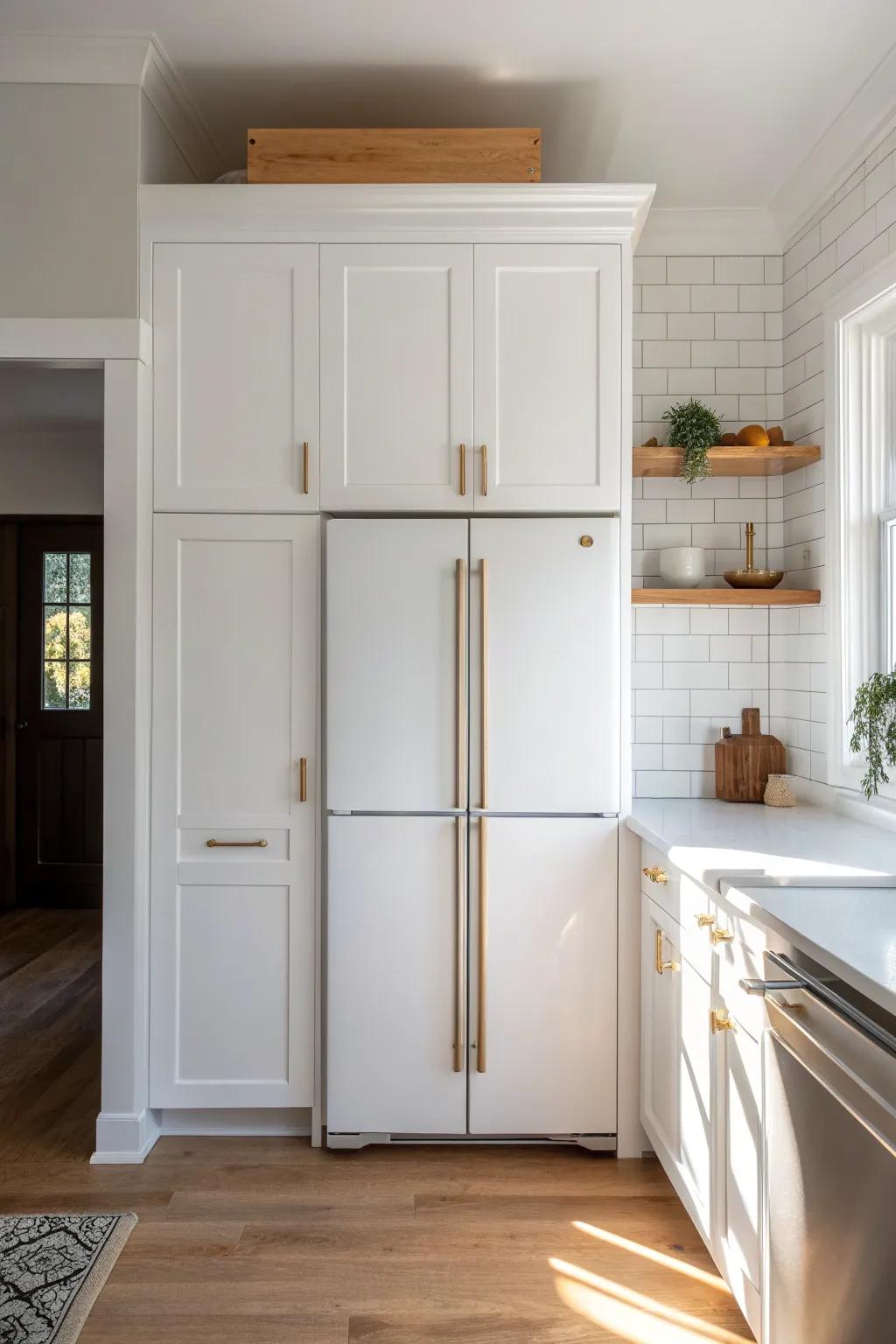 Over-fridge cabinets finished to the ceiling with simple trim for a taller, dust-free look.