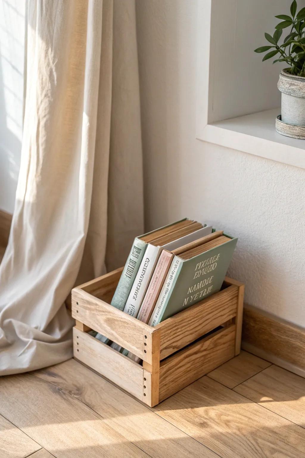 A tiny wooden book crate for your calming corner—comforting reads in a serene, minimal style.