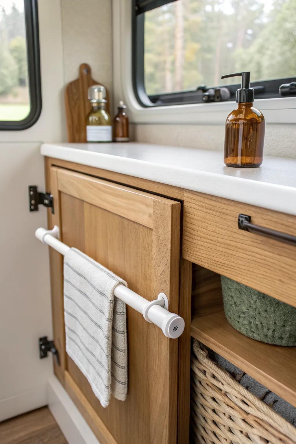 A simple tension rod guardrail keeps camper bathroom bottles upright, even on bumpy roads.