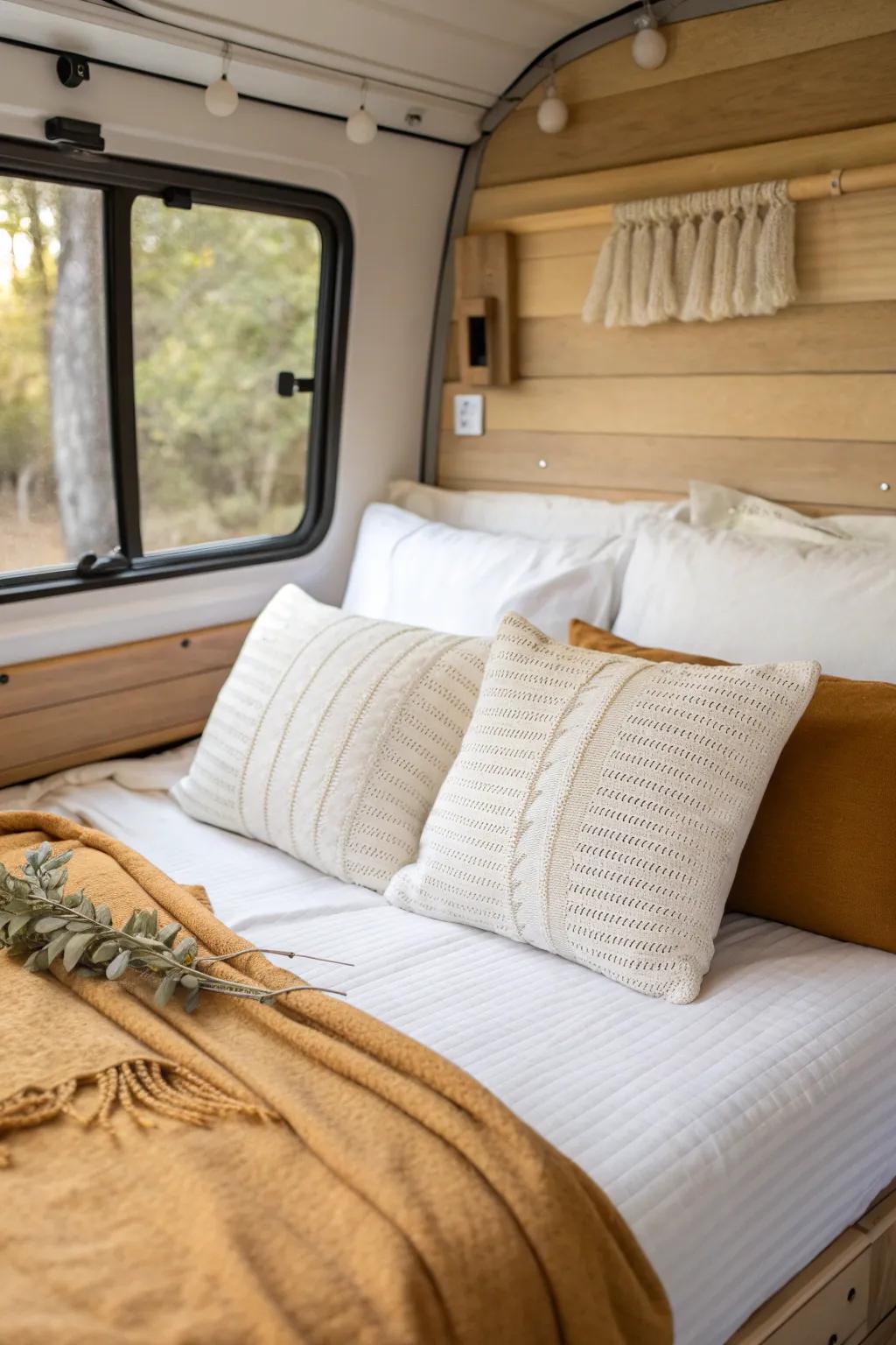 Oversized Euro pillows turn your van bed into a chic daytime lounge—then slide aside at night.