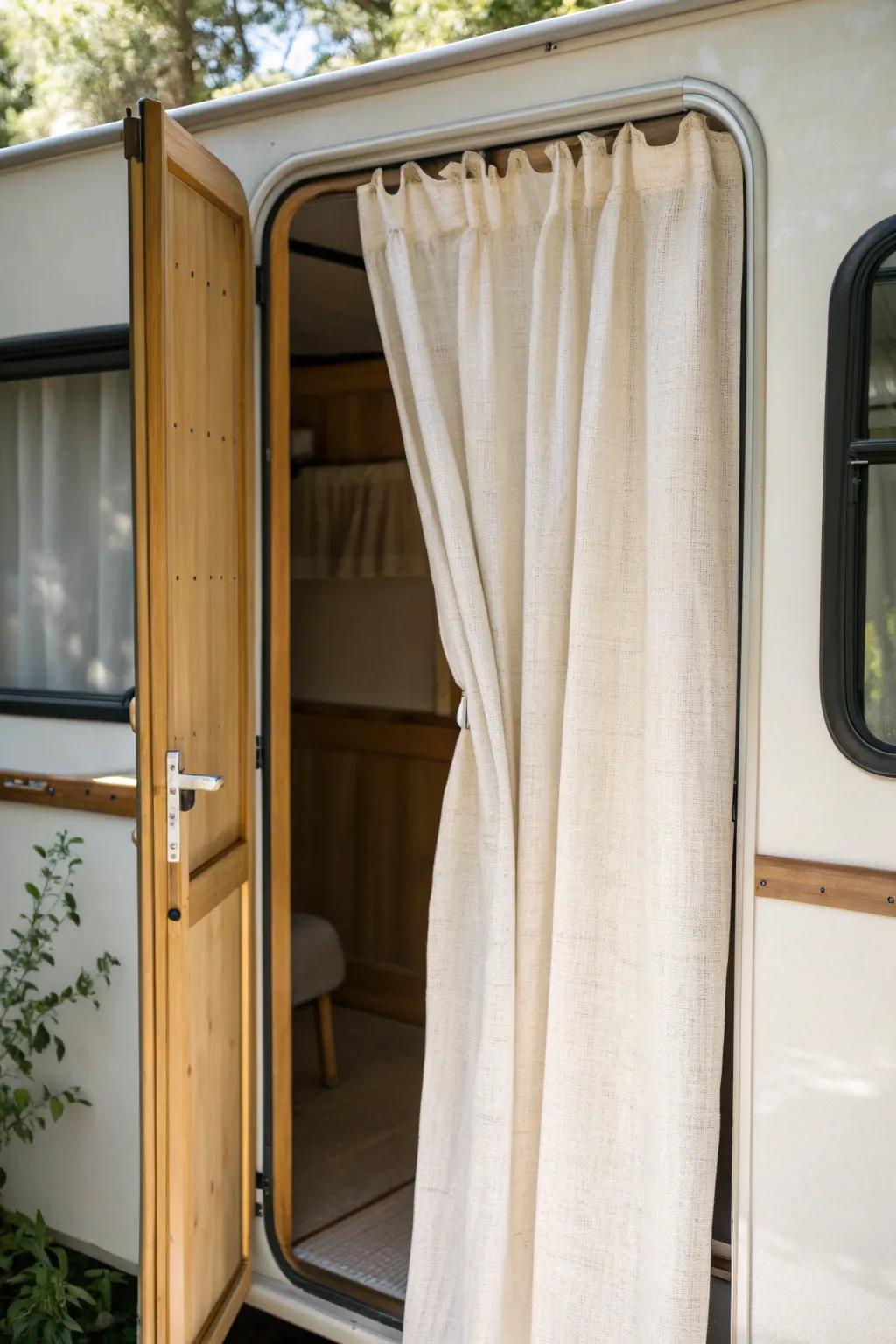 A soft linen curtain doorway adds privacy without crowding your tiny camper interior.