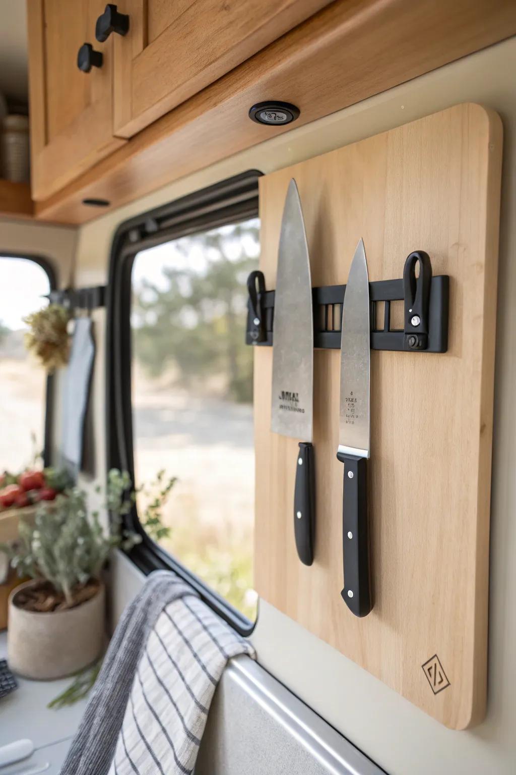 A sleek magnetic strip keeps knives and spice tins secure—no counter clutter in your camper.
