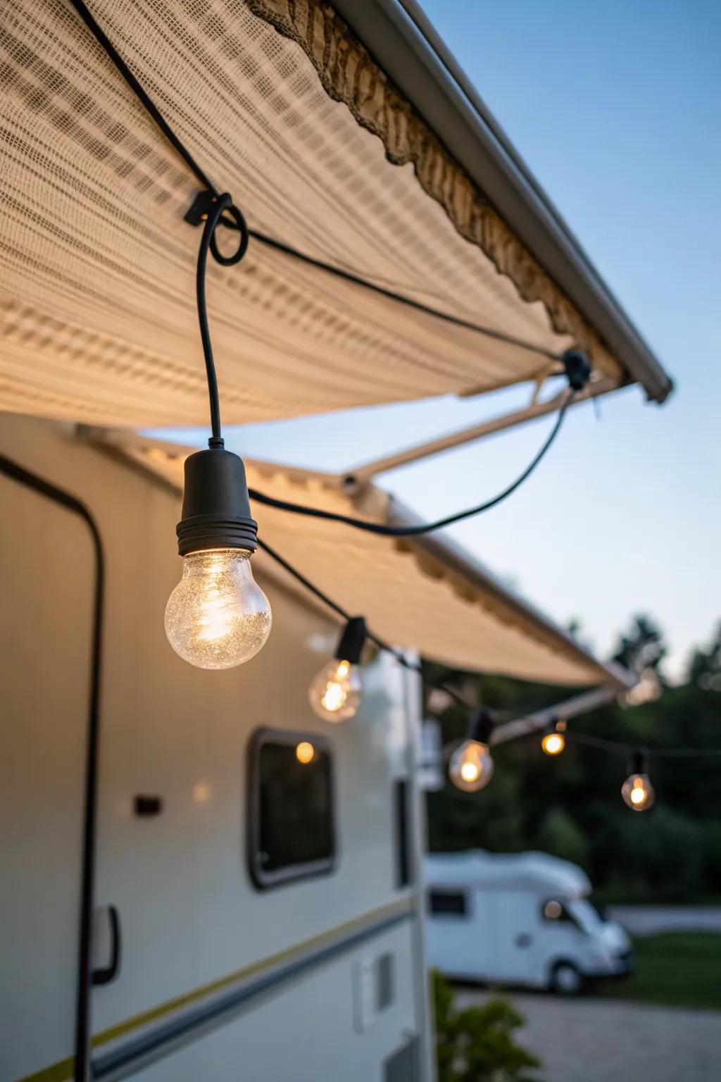Warm string lights under the awning—instant cozy patio glow and safer steps after sunset.