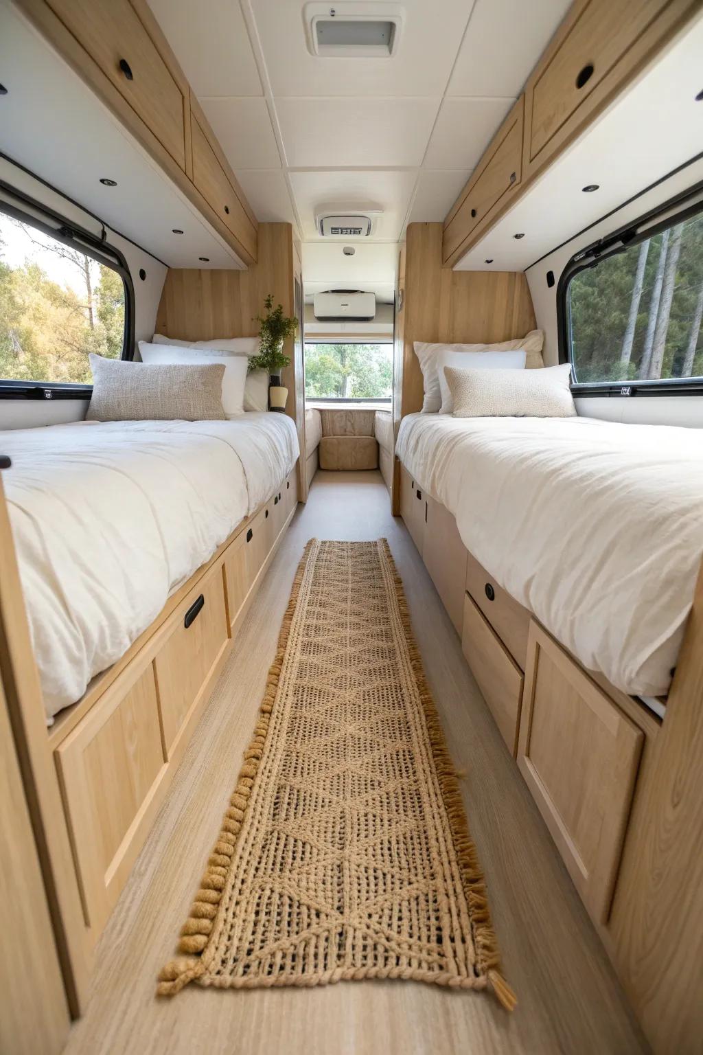 Split-van serenity: two cozy beds with a simple jute runner for an easy midnight walkway.