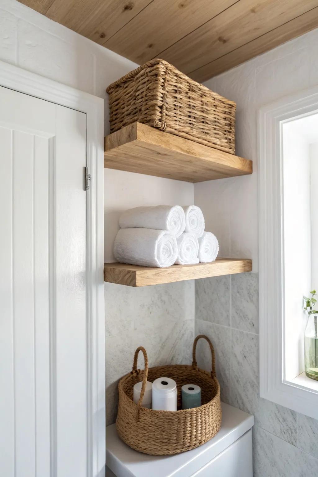 Slim oak shelf above the door + woven basket keeps towels and TP looking spa-neat.
