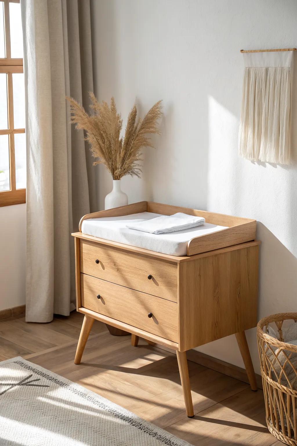 Small-space win: a minimalist desk doubles as a changing table with a removable mat.