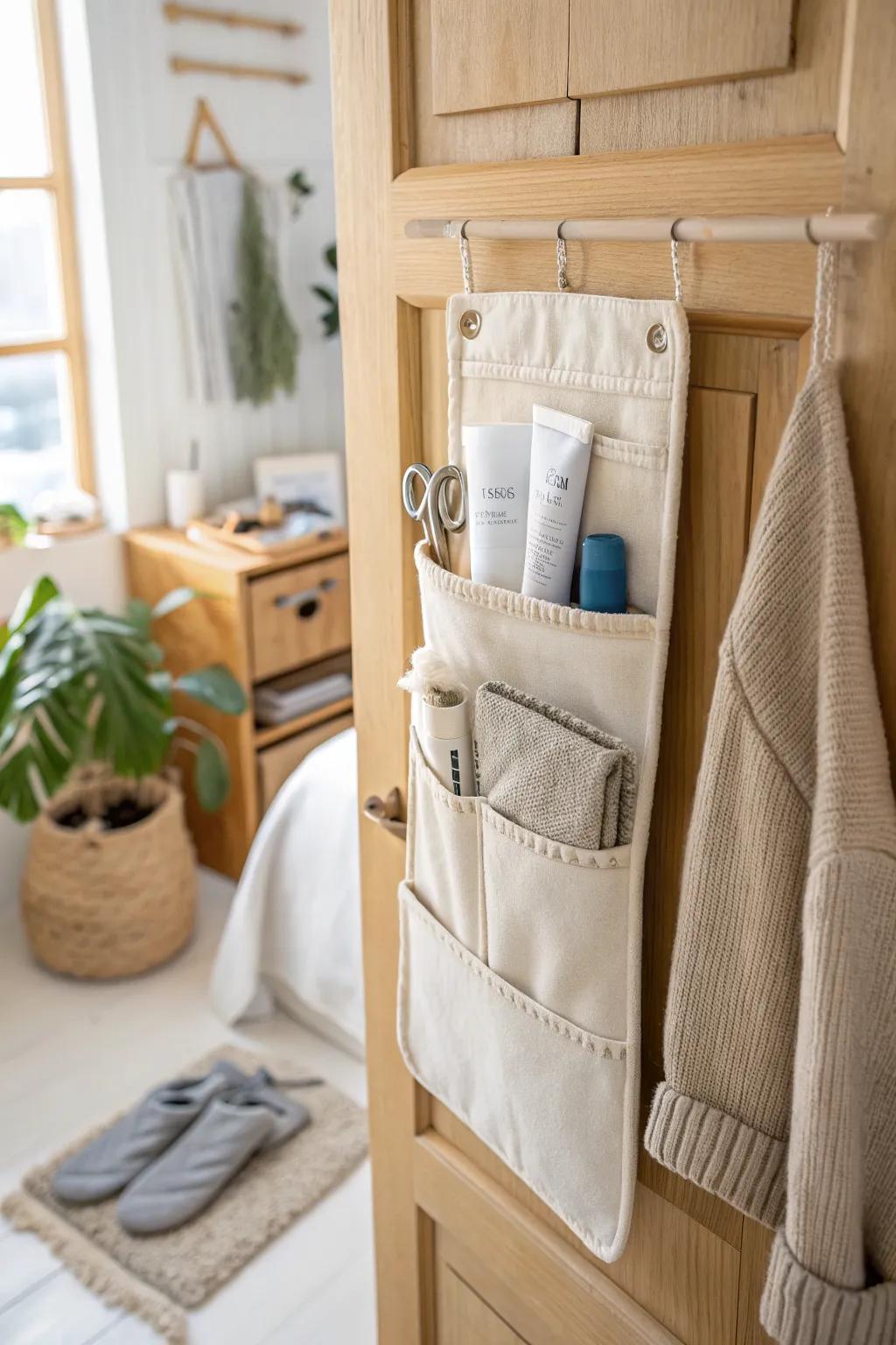 Over-the-door pockets tame tiny clutter—studio-friendly storage without losing floor space.