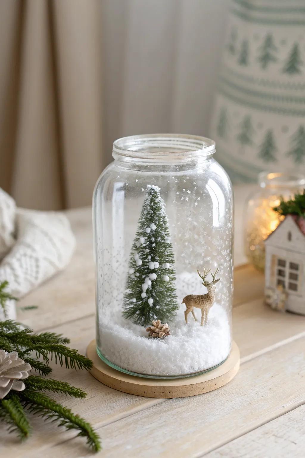 Whimsical Mason Jar Snow Globes: A touch of magic for your minimalist holiday decor.