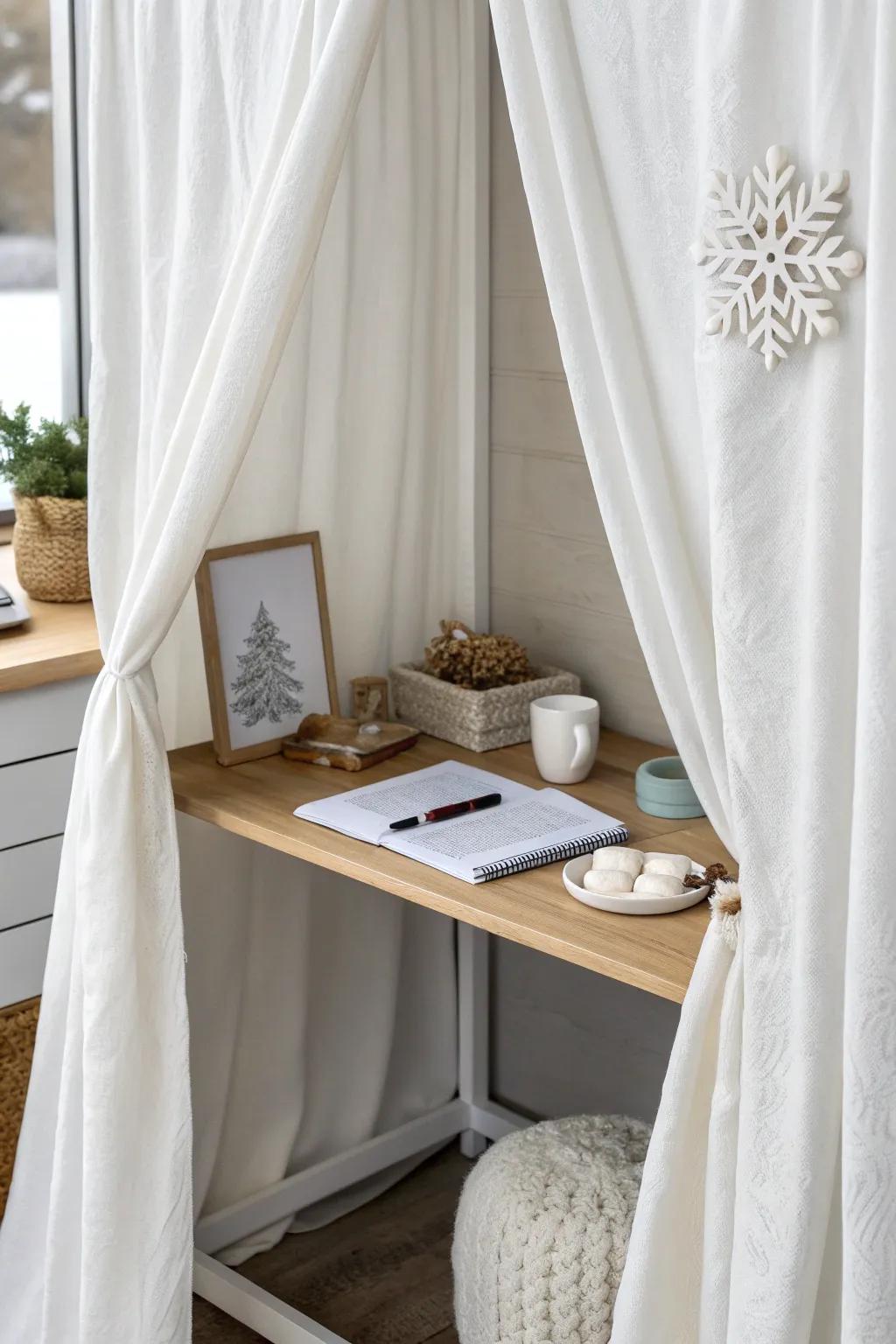 A calm winter-wonderland drape that turns a tiny cubicle corner into an icy, serene nook.
