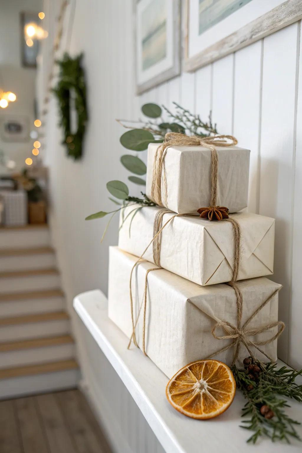 Turn hallway shelves into instant Christmas décor with a simple stack of beautifully wrapped gifts.
