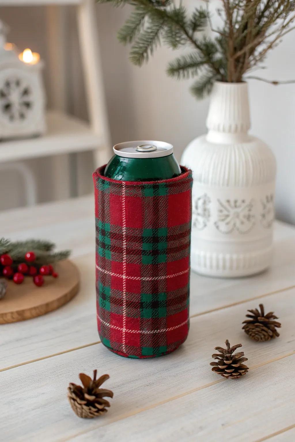 Embrace the charm of tradition with festive plaid koozies, perfect for a cozy Christmas gathering.