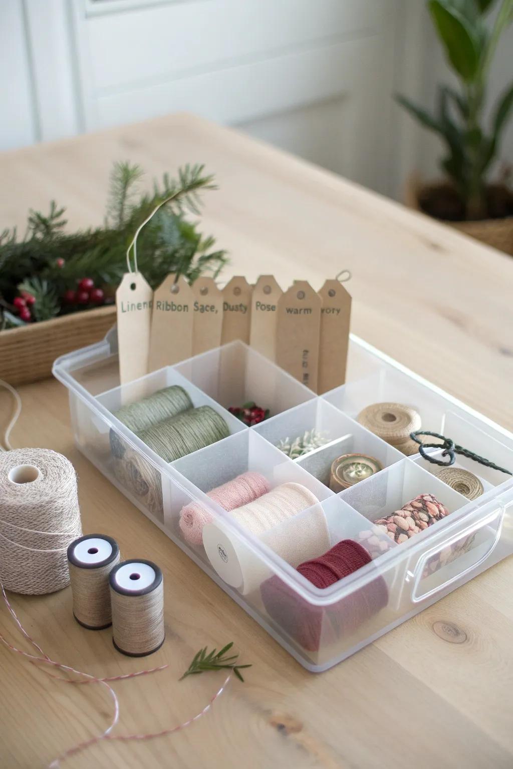 Keep ribbons and tags from disappearing—store them neatly in a divided organizer.