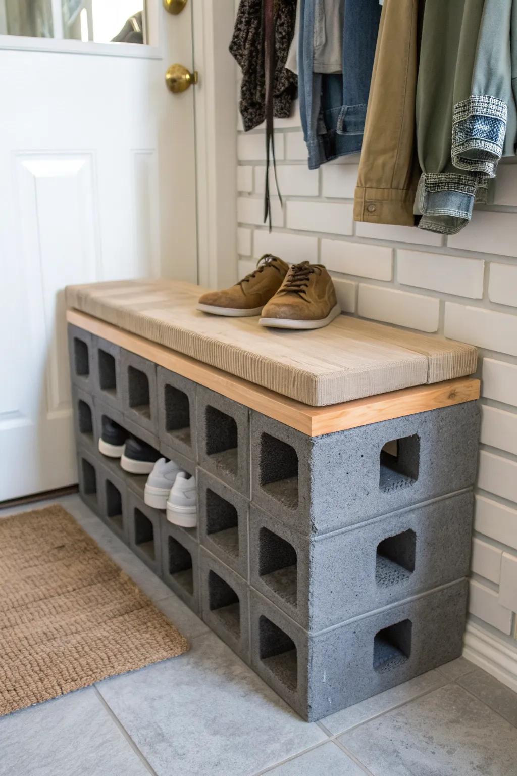 DIY cinder block shoe bench: sleek cubbies for rainy-day pairs, topped with warm wood.
