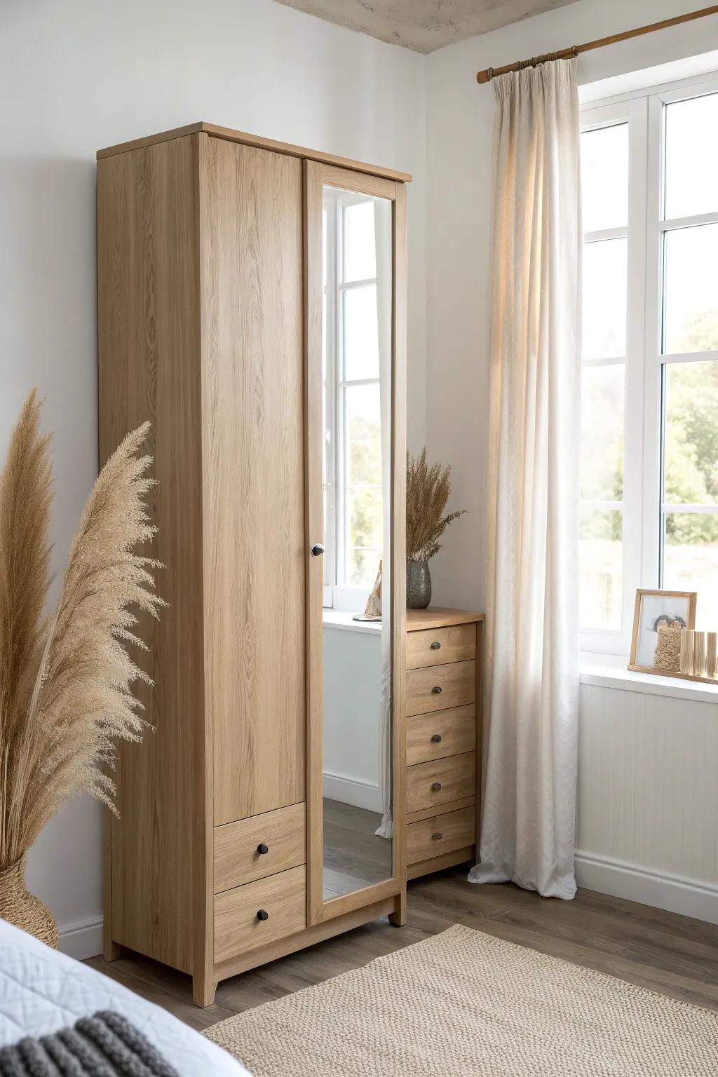 Light-bouncing mirror cabinet doors that make tiny closets feel bigger—without extra mirrors.