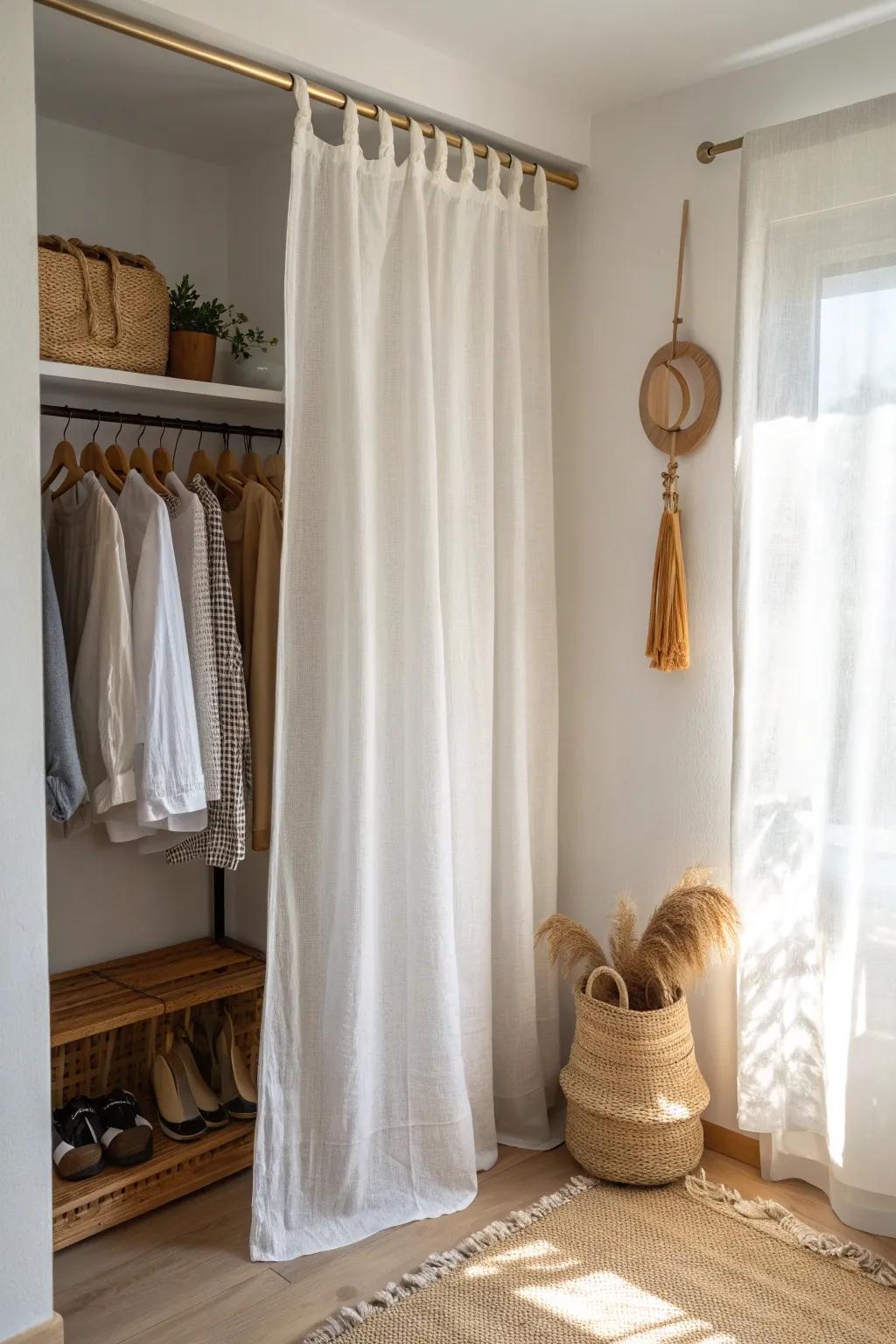 Sheer linen closet curtain that keeps a tiny bedroom airy—soft, minimal, and intentional.